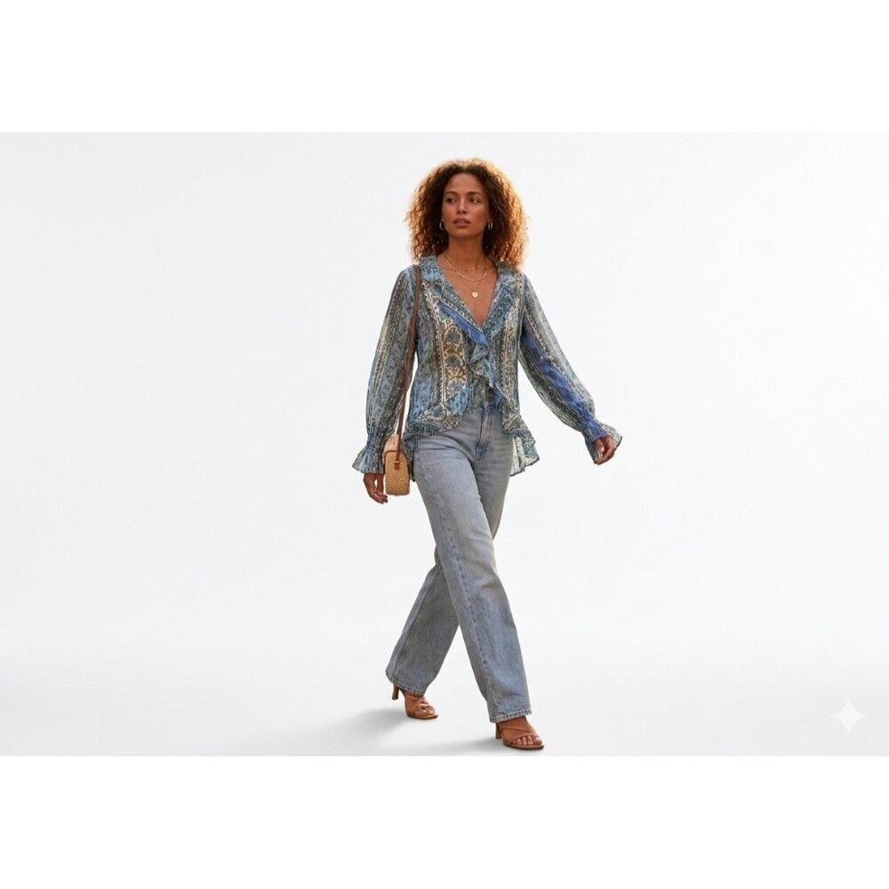 Zara Womens Blue Floral Paisley Ruffle Blouse Smocked Cuff Metallic Stripe XS